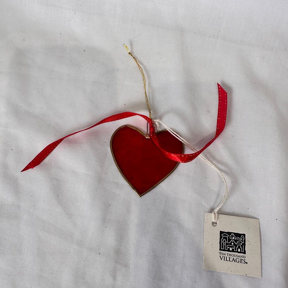 NWT Ten Thousand Villages Heart Capiz Ornament Red Gift Package Topper